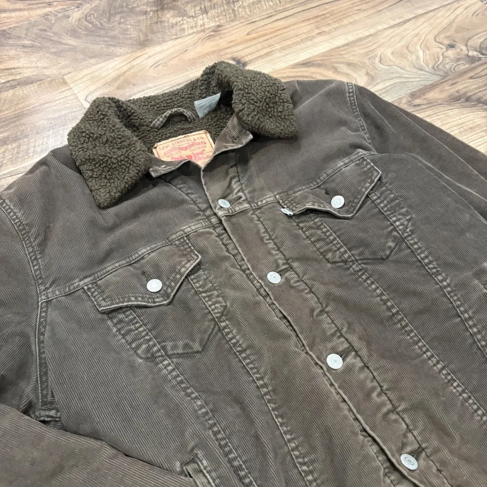 Y2K Levi's Trucker Jacket Mens L Brown Corduroy Sherpa Lined Workwear Coat